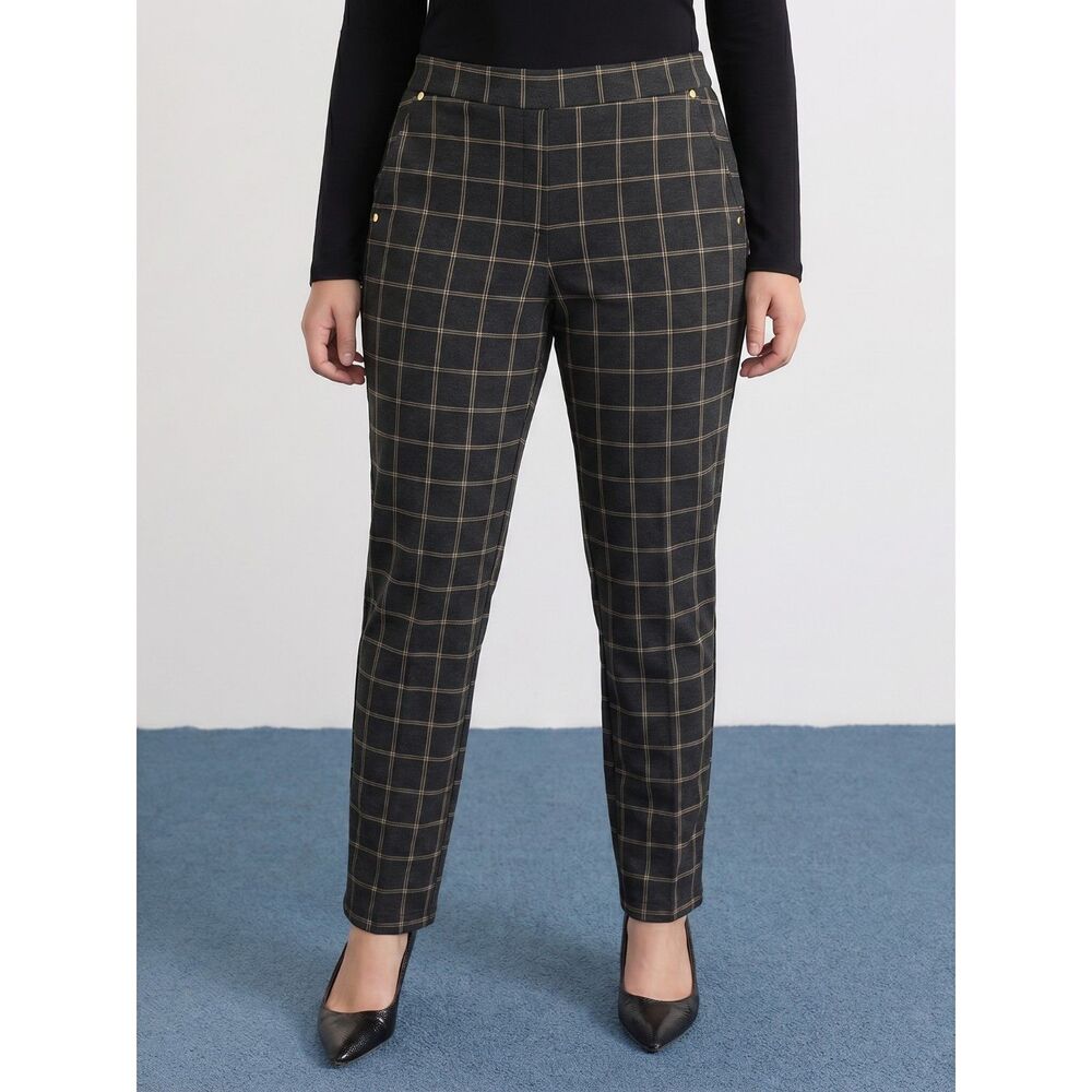 Anne Klein Brown Plaid Pull On Pants Medium Academia Stretch Career Check